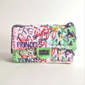 Boutique Quilted Graffiti Print Shoulder Bag Structured Crossbody w/ Chain Strap